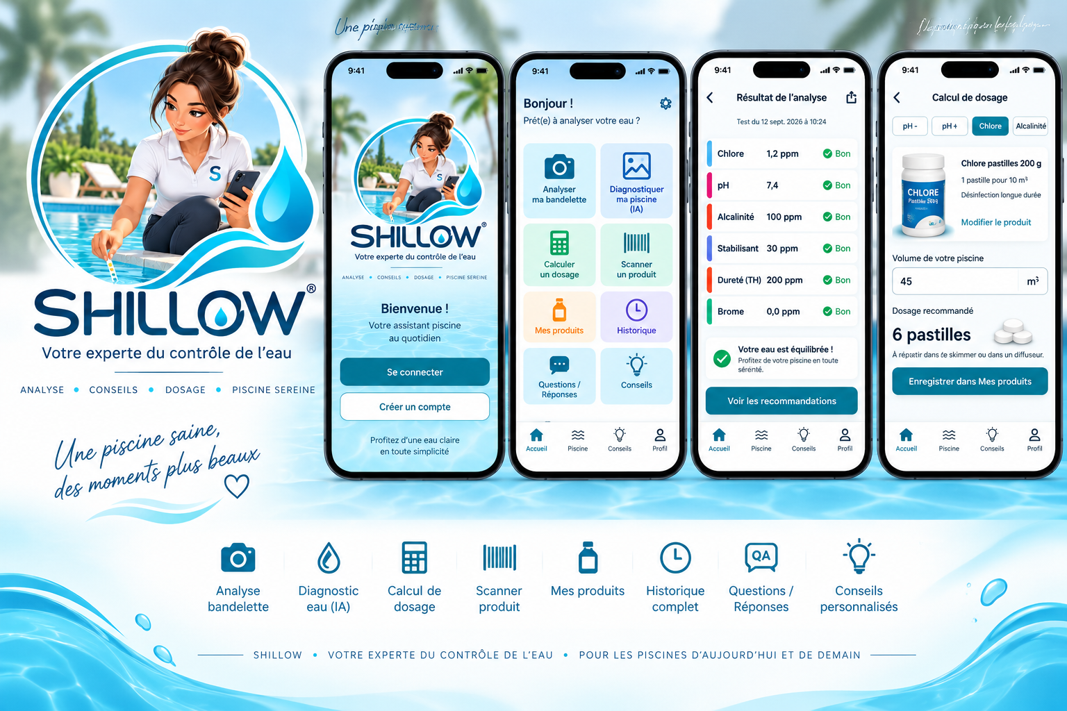 Présentation de l'application SHILLOW : analyse de bandelette, diagnostic de l'eau, calcul de dosage, scanner de produits, historique et conseils personnalisés